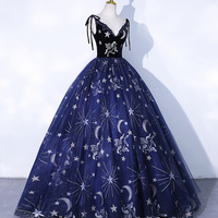 Beautiful Navy Blue Tulle Long Prom Dress, Spaghetti Straps Lace Flower Sleeveless Backless Formal Dress - Thumbnail 3