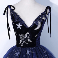 Beautiful Navy Blue Tulle Long Prom Dress, Spaghetti Straps Lace Flower Sleeveless Backless Formal Dress - Thumbnail 1