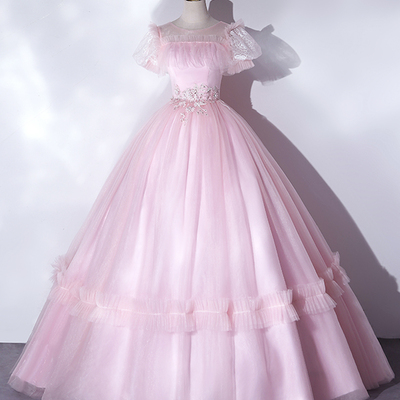 Pink tulle lace long prom dress, lovely a-line short sleeve evening dress - Thumbnail 4