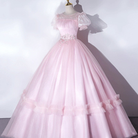 Pink Tulle Lace Long Prom Dress, Lovely A-Line Short Sleeve Evening Dress - Thumbnail 1