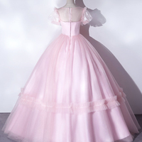 Pink Tulle Lace Long Prom Dress, Lovely A-Line Short Sleeve Evening Dress - Thumbnail 3