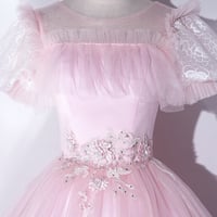 Pink Tulle Lace Long Prom Dress, Lovely A-Line Short Sleeve Evening Dress - Thumbnail 5