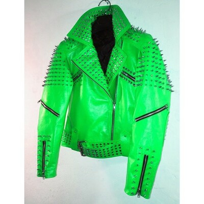 Green punk biker casual leather studded jackets for men - Thumbnail 3