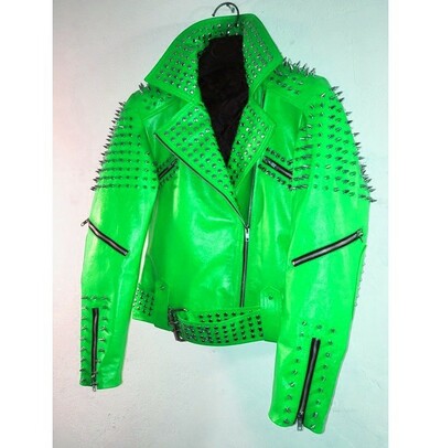 Green Punk Biker Casual Leather Studded Jackets For Men