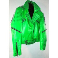 Green Punk Biker Casual Leather Studded Jackets For Men - Thumbnail 1