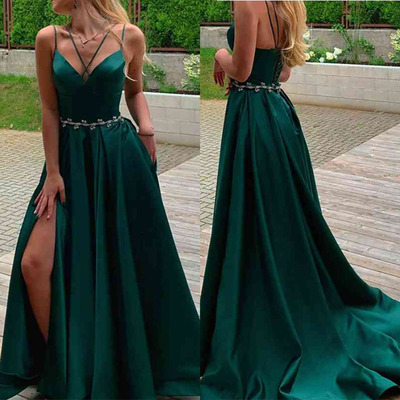 Green Prom Dresses Straps Waist with Beaded