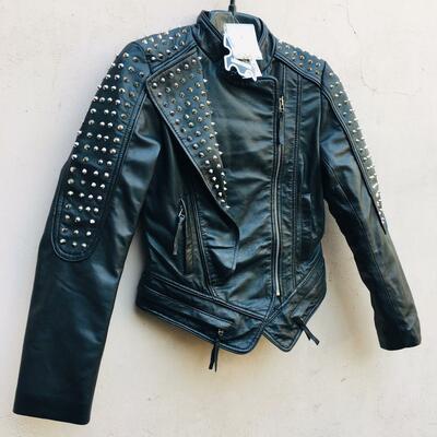 Women’s stylish studded punk style black leather jacket - Thumbnail 5
