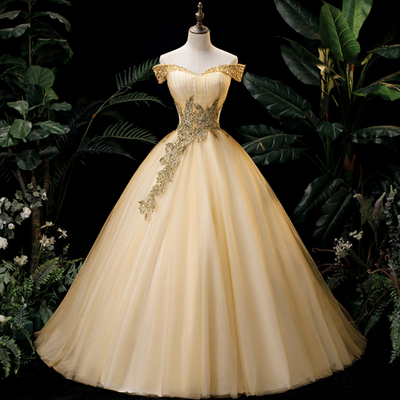 Gold tulle lace long formal dress, a-line off the shoulder evening party dress - Thumbnail 1