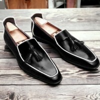 Bespoke Handmade Black Color Pure Leather Tussle Loafer Style Slip On Moccasin Shoes - Thumbnail 1