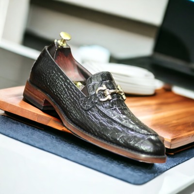 Men's bespoke handmade crocodile texture leather black color horse bit style loafer shoes - Thumbnail 1