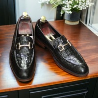 Men's Bespoke Handmade Crocodile Texture Leather Black Color Horse Bit Style Loafer Shoes - Thumbnail 2