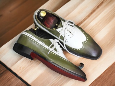Handmade White and Olive Green Color Genuine Leather Wing Tip Lace & Brogue Toe Style Men's Luxury Shoes