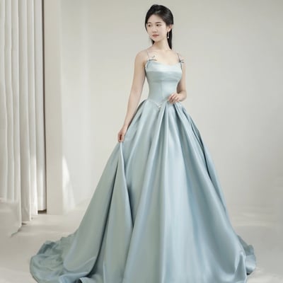 Elegant satin pearls sapghetti strap long prom dress - Thumbnail 2