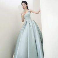 Elegant Satin Pearls Sapghetti Strap Long Prom Dress - Thumbnail 1