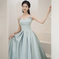 Elegant Satin Pearls Sapghetti Strap Long Prom Dress - Thumbnail 3