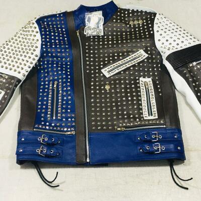 Handmade black white and blue studded biker leather jacket multi color design - Thumbnail 4