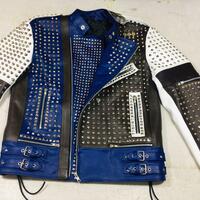 Handmade Black White and Blue Studded Biker Leather Jacket Multi Color Design - Thumbnail 1
