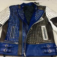 Handmade Black White and Blue Studded Biker Leather Jacket Multi Color Design - Thumbnail 2