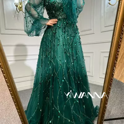 Emerald beaded mother of the bride dress a-line luxury evening dreses gowns o-neck puff sleeves beaded sexy formal woman party
