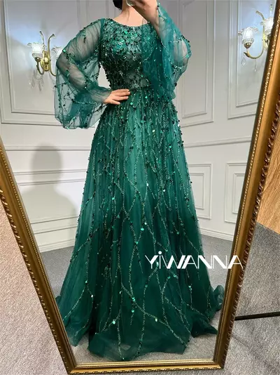 Emerald Beaded Mother Of The Bride Dress A-Line Luxury Evening Dreses Gowns O-Neck Puff Sleeves Beaded Sexy Formal Woman Party