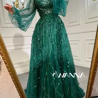 Emerald Beaded Mother Of The Bride Dress A-Line Luxury Evening Dreses Gowns O-Neck Puff Sleeves Beaded Sexy Formal Woman Party - Thumbnail 1
