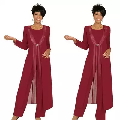 Three piece mother of the bride pant suits with jacket chiffon dark red front tassels custom made long sleeve wedding dress