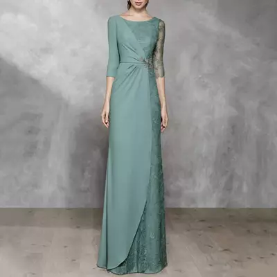 A-line mother of the bride/groom dress chiffon lace 3/4 length sleeve wedding guest neck no with appliques color block mom outfit