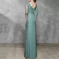 A-Line Mother Of The Bride/Groom Dress Chiffon Lace 3/4 Length Sleeve Wedding Guest Neck No With Appliques Color Block Mom Outfit - Thumbnail 1