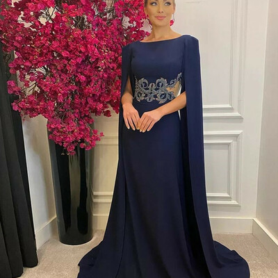 Dark blue a-line mother of the bride/groom dresses floor length scoop jersey women's evening dress with beading wedding party dress