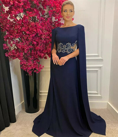 Dark Blue A-Line Mother of the Bride/Groom Dresses Floor Length Scoop Jersey Women's Evening Dress with Beading Wedding Party Dress