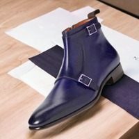 Men's Bespoke Double Buckle Side Zipper Style New Fashion Navy Blue Color Original Handmade Leather Boots - Thumbnail 2