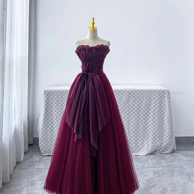 Burgundy strapless tulle long prom dress - Thumbnail 1