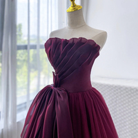 Burgundy Strapless Tulle Long Prom Dress - Thumbnail 1