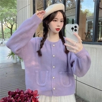 Purple Single Breasted Pocket Loose Cardigan  - Thumbnail 3