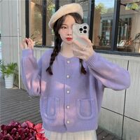 Purple Single Breasted Pocket Loose Cardigan  - Thumbnail 5