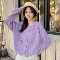 Purple Single Breasted Pocket Loose Cardigan  - Thumbnail 4