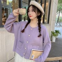 Purple Single Breasted Pocket Loose Cardigan  - Thumbnail 7