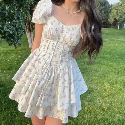 Floral Print Square Neck Puff Sleeve Dress 