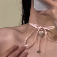 Pink Heart Pendant Rope Tied Necklace  - Thumbnail 1