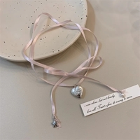 Pink Heart Pendant Rope Tied Necklace  - Thumbnail 4