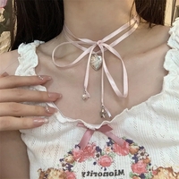 Pink Heart Pendant Rope Tied Necklace  - Thumbnail 2