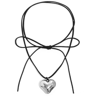 Black Velvet Big Heart Pendant Choker Necklace  - Thumbnail 9