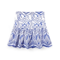 Blue Flower Embroidery Pleated Mini Skirt  - Thumbnail 1
