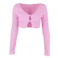 Pink Ribbed Long Sleeve Crop Top  - Thumbnail 5