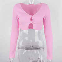 Pink Ribbed Long Sleeve Crop Top  - Thumbnail 6