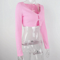 Pink Ribbed Long Sleeve Crop Top  - Thumbnail 7