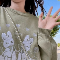 Green Rabbit Knit Long Sleeve Sweater  - Thumbnail 2