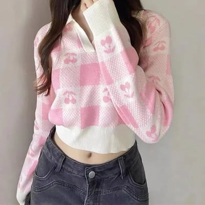 Cherry plaid polo collar sweater  - Thumbnail 3