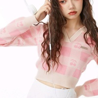 Cherry Plaid Polo Collar Sweater  - Thumbnail 4