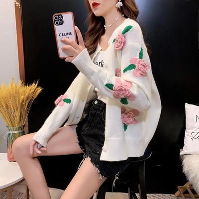 Rose embroidery button up cardigan 